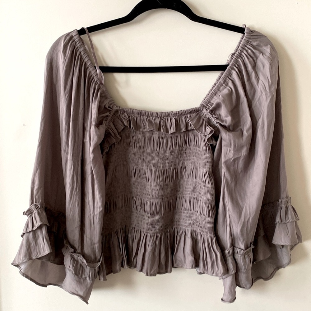 Grey rushed blouse top, flowy quarter length sleeves